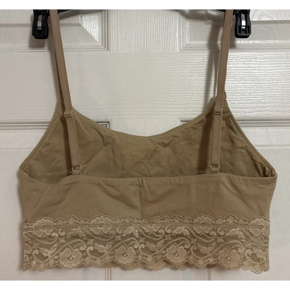 Pact Women's Organic Sustainable Cotton Lace Trim Bralette Beige Nude Comfy Sz M